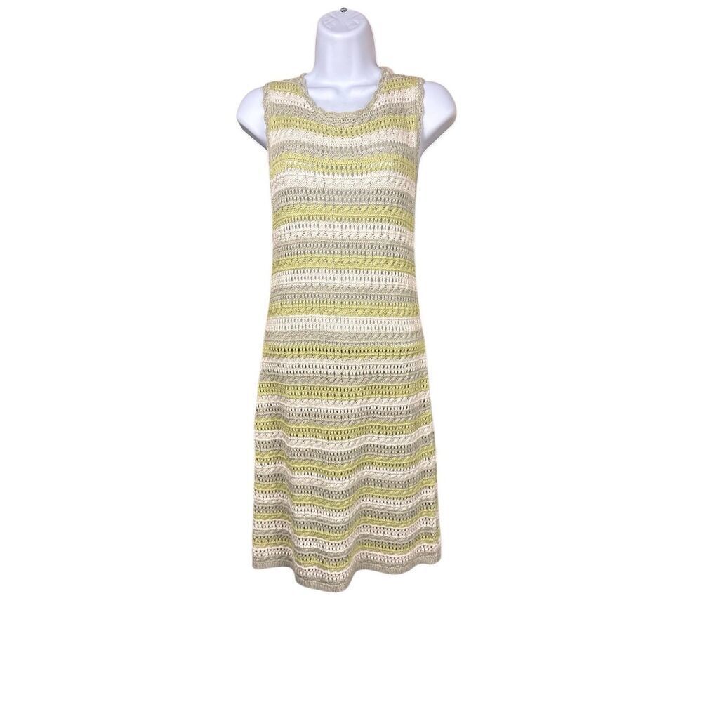 American Eagle Crochet Knit Sleeveless Sweater Dress Green Cream Stripe Beach Co